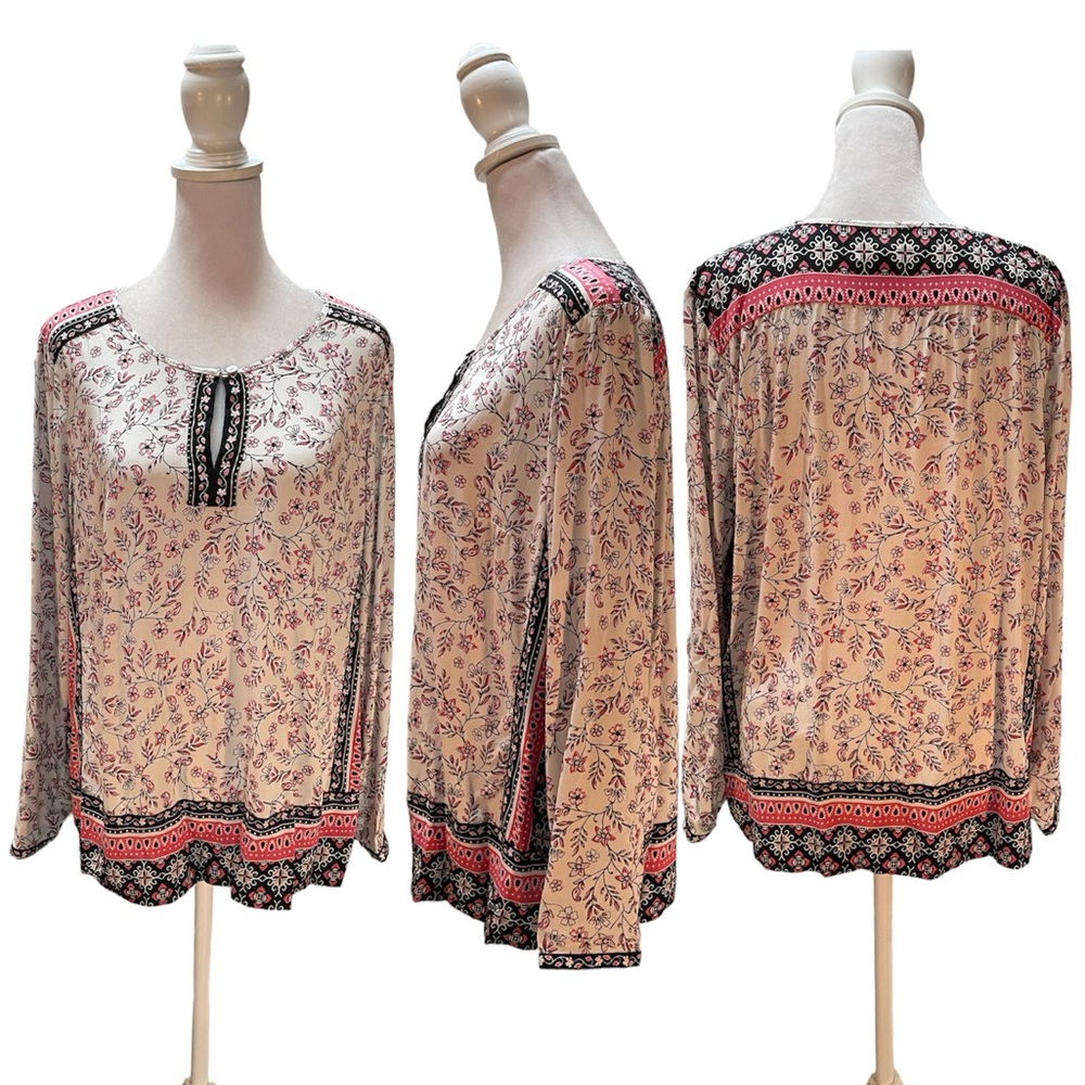 J. Jill Multicolor Floral Print Long Sleeve Keyhole Front Blouse Size PM